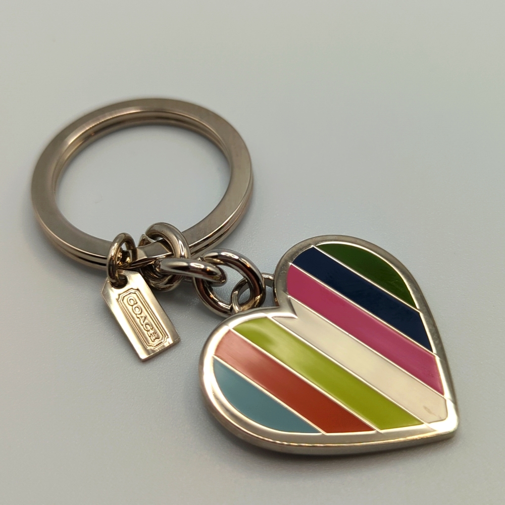 Coach Multi Legacy Stripe Heart Keychain Key Ring Fob MINT NWOT